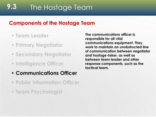 9.3 The Hostage Team
Components of the Hostage Team
• Team Leader
• Primary Negotiator
• Secondary Negotiator
• Intelligence Officer
• Communications Officer
• Public Information Officer
• Team Psychologist
The communications officer is
responsible for all vital
communications equipment. They
work to maintain an unobstructed line
of communication between negotiator
and hostage-taker, as well as
between team leader and other
response components, such as the
tactical team.
 