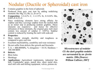 Nodular (Ductile or Spheroidal) cast iron
 Contains graphite in the form of spheroids
 Produced from grey cast iron by adding nodulising
elements like Mg, Ca, Ba, Li, Zr or Ce
 Composition: 3.2-4.2% C, 1.1-3.5% Si, 0.3-0.8% Mn,
0.08% P, 0.2% S
 Since nodulising elements have strong affinity for
sulphur and they scavenge sulphur from the molten bath
as an initial step in producing nodular graphite. These
elements are expensive and hence for effective
utilization of these elements, the original grey melt must
contain less amount of sulphur (< 0.03%). Sulphur
content is reduced by treating the melt with soda ash
 Properties:
 More tensile strength, ductility and toughness as
compared to grey cast iron
 Excellent machinability, castability and wear resistance
 Do not suffer from defects like growth and firecracks
 T. S. = 400-800MPa, % elongation = 10-18, Hardness =
100-300 BHN
 Defects:
 Blow holes
 Shrinkage
 Applications: Agricultural implements, industrial fan
hub, Crankshafts, gears, punch dies, sheet metal dies,
steel mill rolls and milling equipment, valves, pistons etc
Microstructure of nodular
CI: the dark graphite nodules
are surrounded by an -ferrite
matrix. 200x [Source:
William Callister, 2007]
10Prof.Ghadage M.M.
 