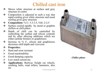 Chilled cast iron
 Shows white structure at surface and grey
structure in centre
 Composition is adjusted in such a way that
rapid cooling gives white structure and usual
cooling gives grey structure
 Composition: % C: 3.3-3.5, %Si: 2-2.5
 Surface cooled rapidly by metal or graphite
chillers or chill plates
 Depth of chill can be controlled by
controlling the carbon and silicon contents
and by other alloying additions which are
either carbide formers or graphitisers
 Increase in % C, silicon and graphitizers
decreases chill depth and viceversa
 Properties:
 Hard and wear resistant
 Good machinability
 Good damping capacity
 Low notch sensitivity
 Applications: Railway freight car wheels,
crushing balls, road rollers, hammers, dies
etc
Chiller plates
13Prof.Ghadage M.M.
 