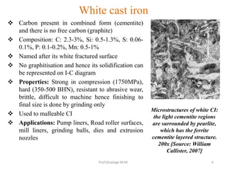 White cast iron
 Carbon present in combined form (cementite)
and there is no free carbon (graphite)
 Composition: C: 2.3-3%, Si: 0.5-1.3%, S: 0.06-
0.1%, P: 0.1-0.2%, Mn: 0.5-1%
 Named after its white fractured surface
 No graphitisation and hence its solidification can
be represented on I-C diagram
 Properties: Strong in compression (1750MPa),
hard (350-500 BHN), resistant to abrasive wear,
brittle, difficult to machine hence finishing to
final size is done by grinding only
 Used to malleable CI
 Applications: Pump liners, Road roller surfaces,
mill liners, grinding balls, dies and extrusion
nozzles
Microstructures of white CI:
the light cementite regions
are surrounded by pearlite,
which has the ferrite
cementite layered structure.
200x [Source: William
Callister, 2007]
4Prof.Ghadage M.M.
 