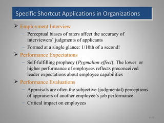 Specific Shortcut Applications in OrganizationsSpecific Shortcut Applications in Organizations
 Employment Interview
– Perceptual biases of raters affect the accuracy of
interviewers’ judgments of applicants
– Formed at a single glance: 1/10th of a second!
 Performance Expectations
– Self-fulfilling prophecy (Pygmalion effect): The lower or
higher performance of employees reflects preconceived
leader expectations about employee capabilities
 Performance Evaluations
– Appraisals are often the subjective (judgmental) perceptions
of appraisers of another employee’s job performance
– Critical impact on employees
6-10
 