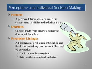 Perceptions and Individual Decision MakingPerceptions and Individual Decision Making
 Problem
– A perceived discrepancy between the
current state of affairs and a desired state
 Decisions
– Choices made from among alternatives
developed from data
 Perception Linkage:
– All elements of problem identification and
the decision-making process are influenced
by perception.
• Problems must be recognized.
• Data must be selected and evaluated.
6-11
 