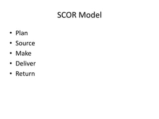 SCOR Model
• Plan
• Source
• Make
• Deliver
• Return
 