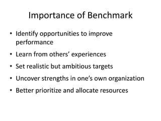 Importance of Benchmark
• Identify opportunities to improve
performance
• Learn from others’ experiences
• Set realistic but ambitious targets
• Uncover strengths in one’s own organization
• Better prioritize and allocate resources
 