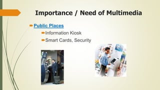 Importance / Need of Multimedia
Public Places
Information Kiosk
Smart Cards, Security
 