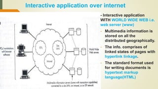 Interactive application over internet
- Interactive application
WITH WORLD WIDE WEB i.e.
web server (www)
- Multimedia information is
stored on all the
distributed geographically.
- The info. comprises of
linked states of pages with
hyperlink linkage.
- The standard format used
for writing documents is
hypertext markup
language(HTML)
 