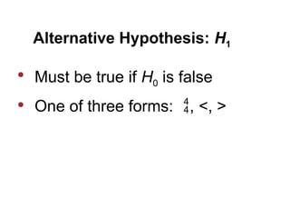 Alternative Hypothesis: H1
 Must be true if H0 is false
 One of three forms: , <, >
 