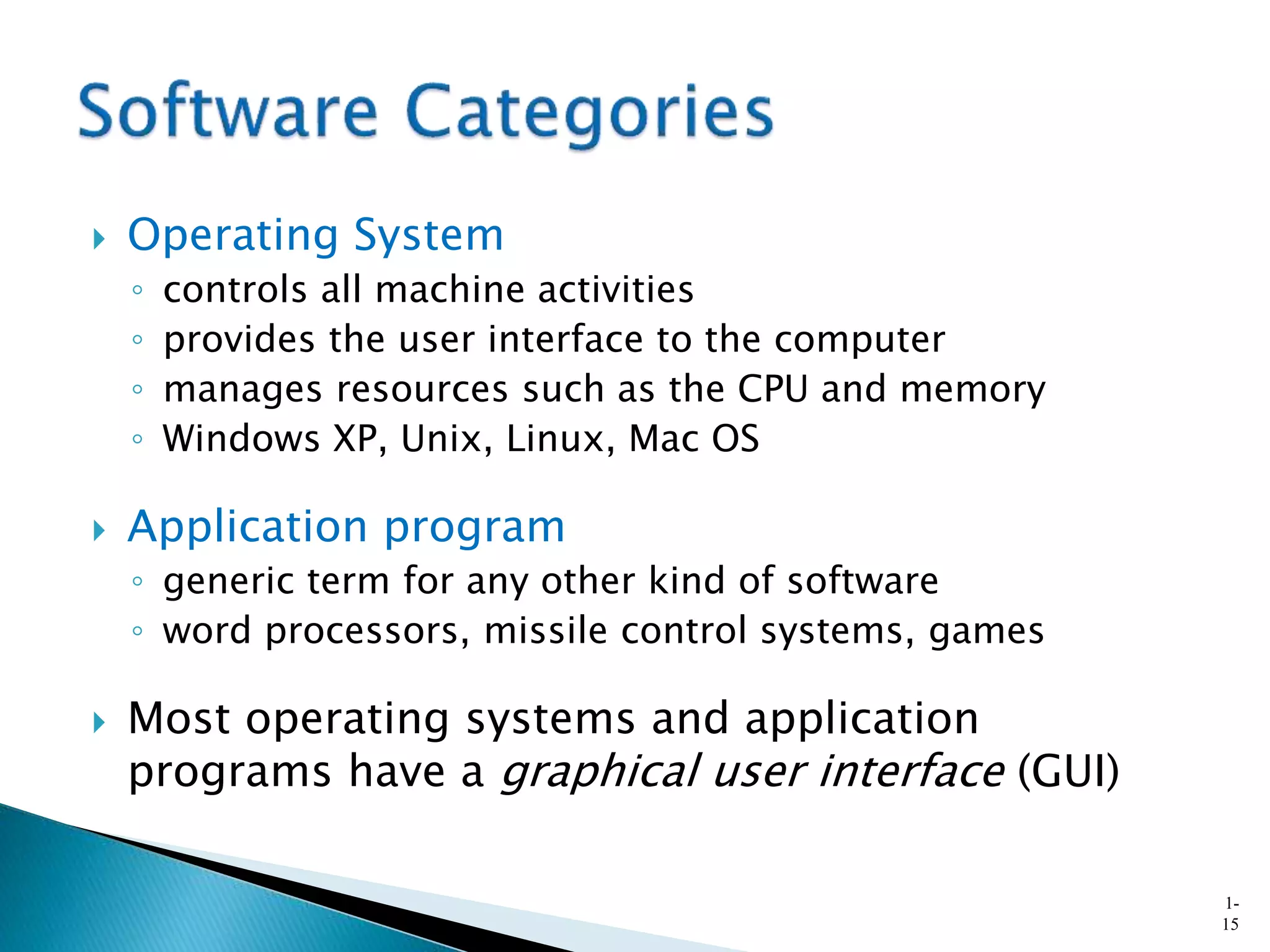  Operating System
◦ controls all machine activities
◦ provides the user interface to the computer
◦ manages resources such as the CPU and memory
◦ Windows XP, Unix, Linux, Mac OS
 Application program
◦ generic term for any other kind of software
◦ word processors, missile control systems, games
 Most operating systems and application
programs have a graphical user interface (GUI)
1-
15
 
