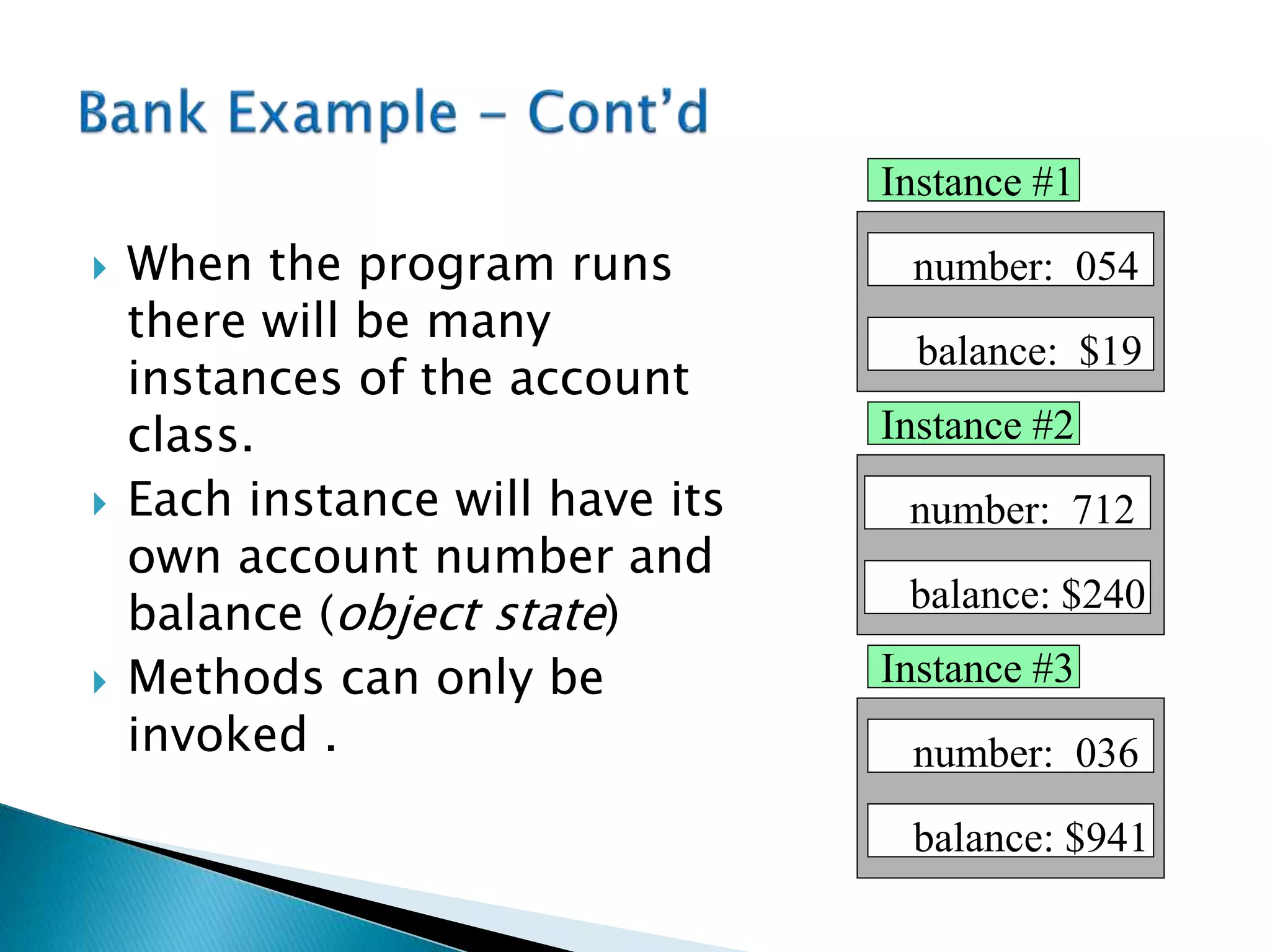 When the program runs
there will be many
instances of the account
class.
 Each instance will have its
own account number and
balance (object state)
 Methods can only be
invoked .
balance: $240
number: 712
balance: $941
number: 036
balance: $19
number: 054
Instance #1
Instance #2
Instance #3
 