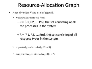 Resource-Allocation Graph
• V is partitioned into two types:
– P = {P1, P2, …, Pn}, the set consisting of all
the processes in the system
– R = {R1, R2, …, Rm}, the set consisting of all
resource types in the system
• request edge – directed edge Pi  Rj
• assignment edge – directed edge Rj  Pi
• A set of vertices V and a set of edges E.
 
