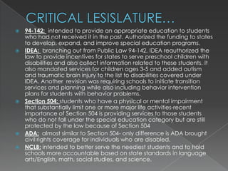 CRITICAL LESISLATURE…94-142:intended to provide an appropriate education to students who had not received it in the past. Authorized the funding to states to develop, expand, and improve special education programs.IDEA:  branching out from Public Law 94-142, IDEA reauthorized the law to provide incentives for states to serve preschool children with disabilities and also collect information related to these students. It also mandated services for children ages 3-5 and added autism and traumatic brain injury to the list to disabilities covered under IDEA. Another  revision was requiring schools to initiate transition services and planning while also including behavior intervention plans for students with behavior problems.Section 504: students who have a physical or mental impairment that substantially limit one or more major life activities-recent importance of Section 504 is providing services to those students who do not fall under the special education category but are still protected by the law because of Section 504ADA:  almost similar to Section 504- only difference is ADA brought civil rights coverage for individuals who are disabled.NCLB: intended to better serve the neediest students and to hold schools more accountable based on state standards in language arts/English, math, social studies, and science.