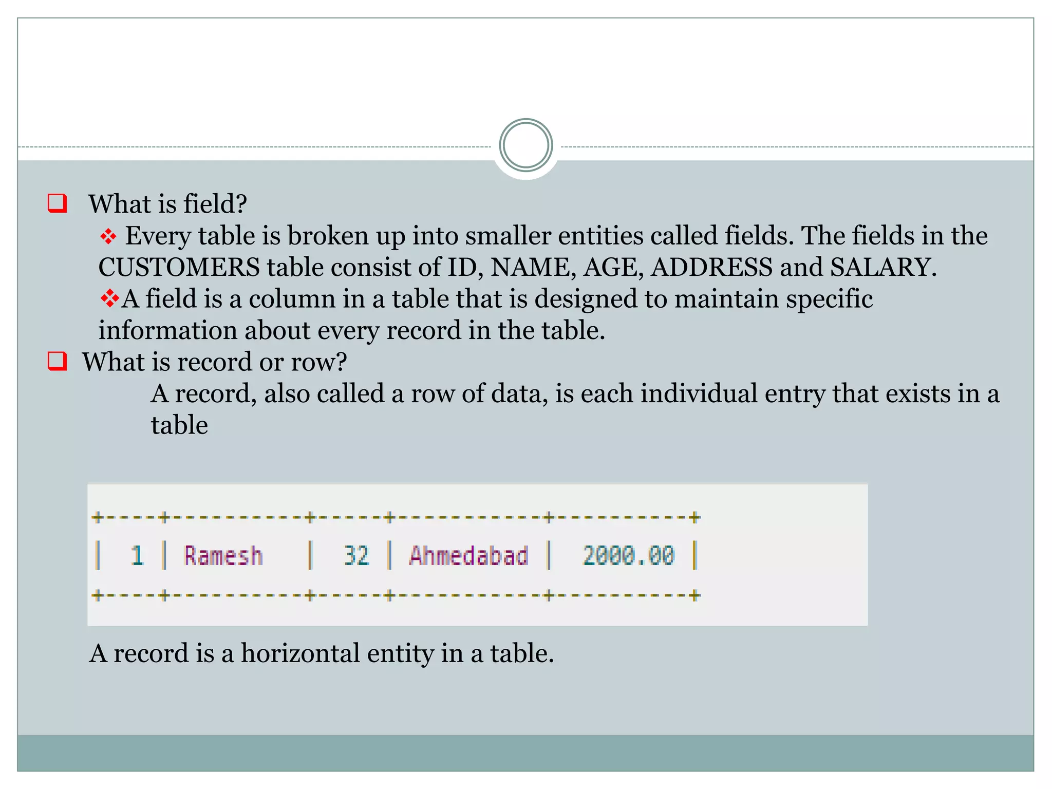  What is field?
 Every table is broken up into smaller entities called fields. The fields in the
CUSTOMERS table consist of ID, NAME, AGE, ADDRESS and SALARY.
A field is a column in a table that is designed to maintain specific
information about every record in the table.
 What is record or row?
A record, also called a row of data, is each individual entry that exists in a
table
A record is a horizontal entity in a table.
 