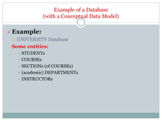 Example of a Database
(with a Conceptual Data Model)
Example:
 UNIVERSITY Database
Some entities:
 STUDENTs
 COURSEs
 SECTIONs (of COURSEs)
 (academic) DEPARTMENTs
 INSTRUCTORs
 