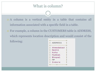 What is column?
 A column is a vertical entity in a table that contains all
information associated with a specific field in a table.
 For example, a column in the CUSTOMERS table is ADDRESS,
which represents location description and would consist of the
following:
 