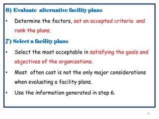 6) Evaluate alternative facility plans
• Determine the factors, set an accepted criteria and
rank the plans.
7) Select a facility plans
• Select the most acceptable in satisfying the goals and
objectives of the organizations.
• Most often cost is not the only major considerations
when evaluating a facility plans.
• Use the information generated in step 6.
24
 