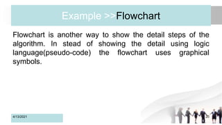 Example >>Flowchart
Flowchart is another way to show the detail steps of the
algorithm. In stead of showing the detail using logic
language(pseudo-code) the flowchart uses graphical
symbols.
4/13/2021 20
 