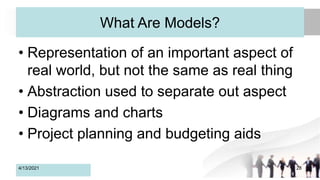 What Are Models?
• Representation of an important aspect of
real world, but not the same as real thing
• Abstraction used to separate out aspect
• Diagrams and charts
• Project planning and budgeting aids
4/13/2021 28
 