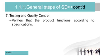 1.1.1.General steps of SD>>cont'd
7. Testing and Quality Control
–Verifies that the product functions according to
specifications.
4/13/2021 7
 