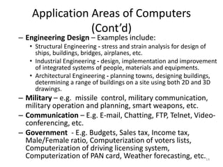 Application Areas of Computers
(Cont’d)
– Engineering Design – Examples include:
• Structural Engineering - stress and strain analysis for design of
ships, buildings, bridges, airplanes, etc.
• Industrial Engineering - design, implementation and improvement
of integrated systems of people, materials and equipments.
• Architectural Engineering - planning towns, designing buildings,
determining a range of buildings on a site using both 2D and 3D
drawings.
– Military – e.g. missile control, military communication,
military operation and planning, smart weapons, etc.
– Communication – E.g. E-mail, Chatting, FTP, Telnet, Video-
conferencing, etc.
– Government - E.g. Budgets, Sales tax, Income tax,
Male/Female ratio, Computerization of voters lists,
Computerization of driving licensing system,
Computerization of PAN card, Weather forecasting, etc.14
 