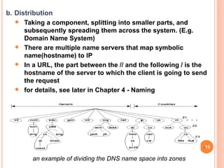 b. Distribution
 Taking a component, splitting into smaller parts, and
subsequently spreading them across the system. (E.g.
Domain Name System)
 There are multiple name servers that map symbolic
name(hostname) to IP
 In a URL, the part between the // and the following / is the
hostname of the server to which the client is going to send
the request
 for details, see later in Chapter 4 - Naming
an example of dividing the DNS name space into zones
15
 