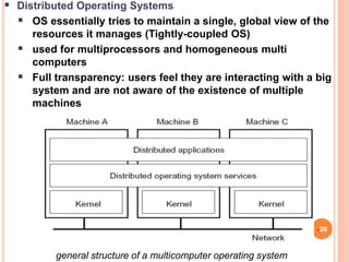  Distributed Operating Systems
 OS essentially tries to maintain a single, global view of the
resources it manages (Tightly-coupled OS)
 used for multiprocessors and homogeneous multi
computers
 Full transparency: users feel they are interacting with a big
system and are not aware of the existence of multiple
machines
26
general structure of a multicomputer operating system
 
