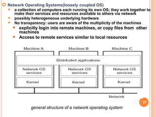  Network Operating Systems(loosely coupled OS)
 a collection of computers each running its own OS; they work together to
make their services and resources available to others via network
 possibly heterogeneous underlying hardware
 No transparency: users are aware of the multiplicity of the machines
 explicitly login into remote machines, or copy files from other
machines
 Access to remote services similar to local resources
general structure of a network operating system
27
 