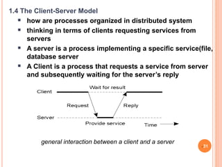 general interaction between a client and a server
1.4 The Client-Server Model
 how are processes organized in distributed system
 thinking in terms of clients requesting services from
servers
 A server is a process implementing a specific service(file,
database server
 A Client is a process that requests a service from server
and subsequently waiting for the server’s reply
31
 