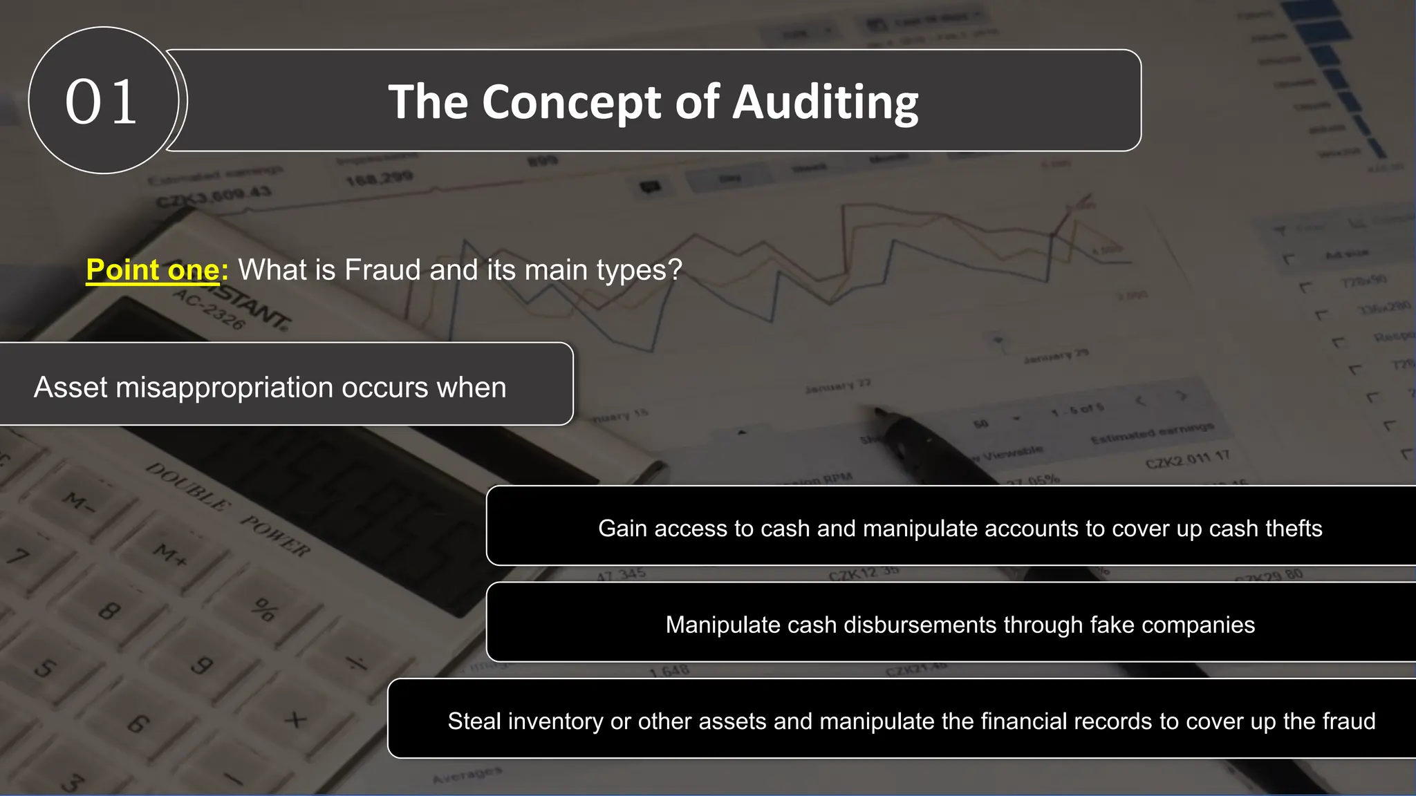 01 The Concept of Auditing
Asset misappropriation occurs when
Gain access to cash and manipulate accounts to cover up cash thefts
Manipulate cash disbursements through fake companies
Steal inventory or other assets and manipulate the financial records to cover up the fraud
Point one: What is Fraud and its main types?
 