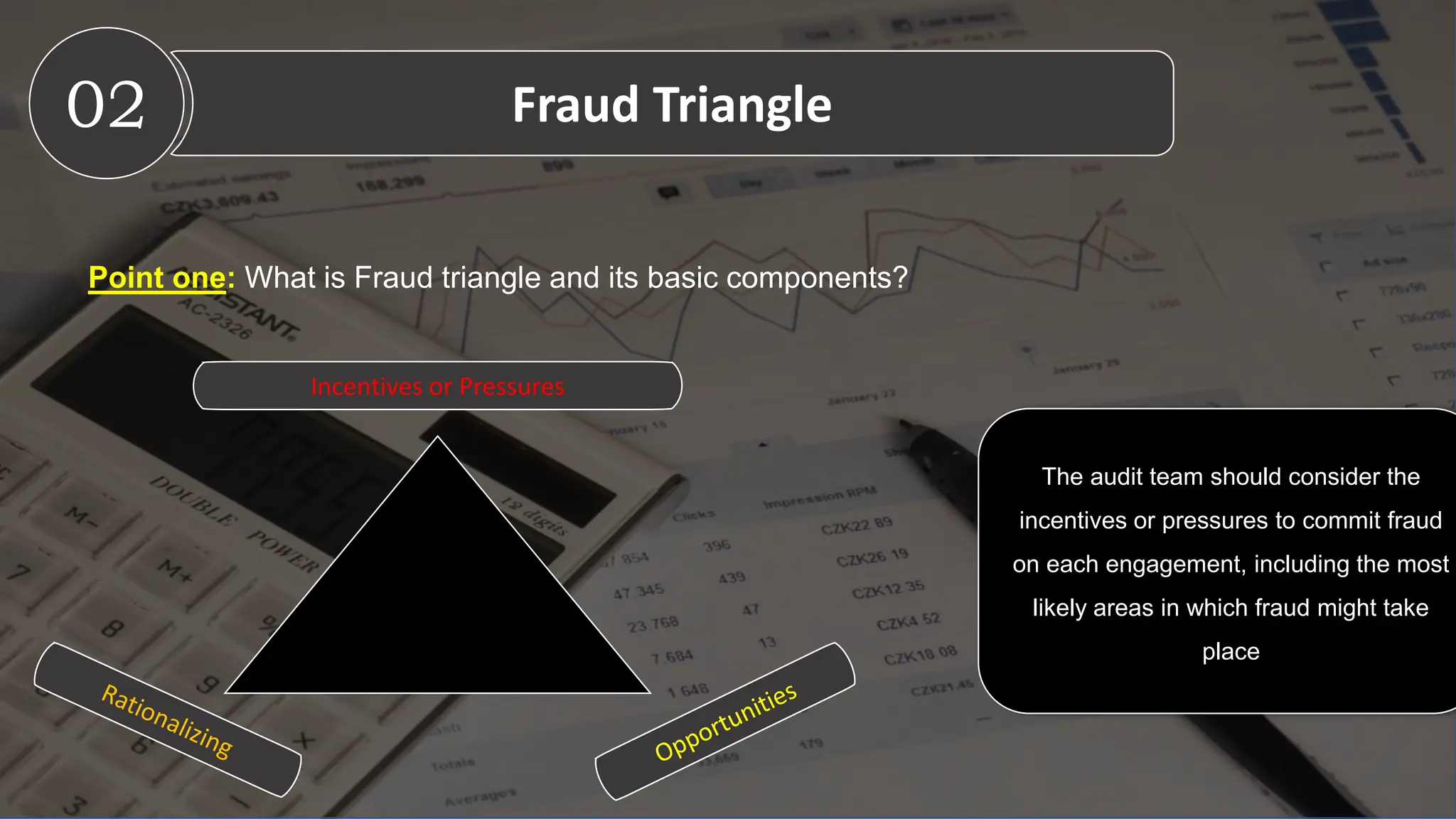 02 Fraud Triangle
Point one: What is Fraud triangle and its basic components?
Incentives or Pressures
The audit team should consider the
incentives or pressures to commit fraud
on each engagement, including the most
likely areas in which fraud might take
place
 