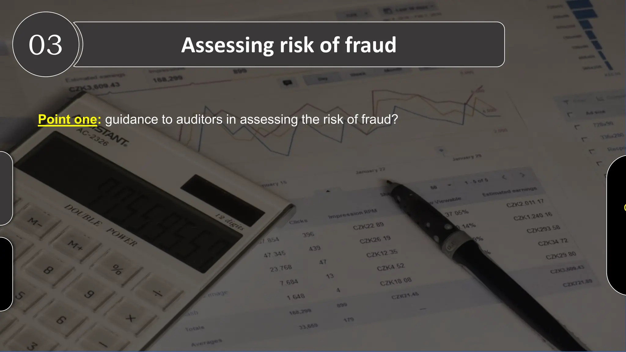 03 Assessing risk of fraud
Point one: guidance to auditors in assessing the risk of fraud?
C
 