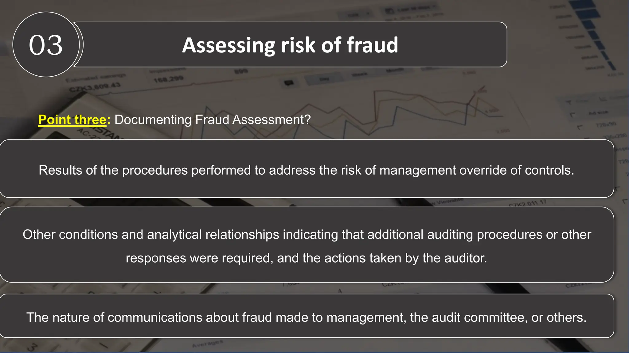 Point three: Documenting Fraud Assessment?
Results of the procedures performed to address the risk of management override of controls.
03 Assessing risk of fraud
Other conditions and analytical relationships indicating that additional auditing procedures or other
responses were required, and the actions taken by the auditor.
The nature of communications about fraud made to management, the audit committee, or others.
 