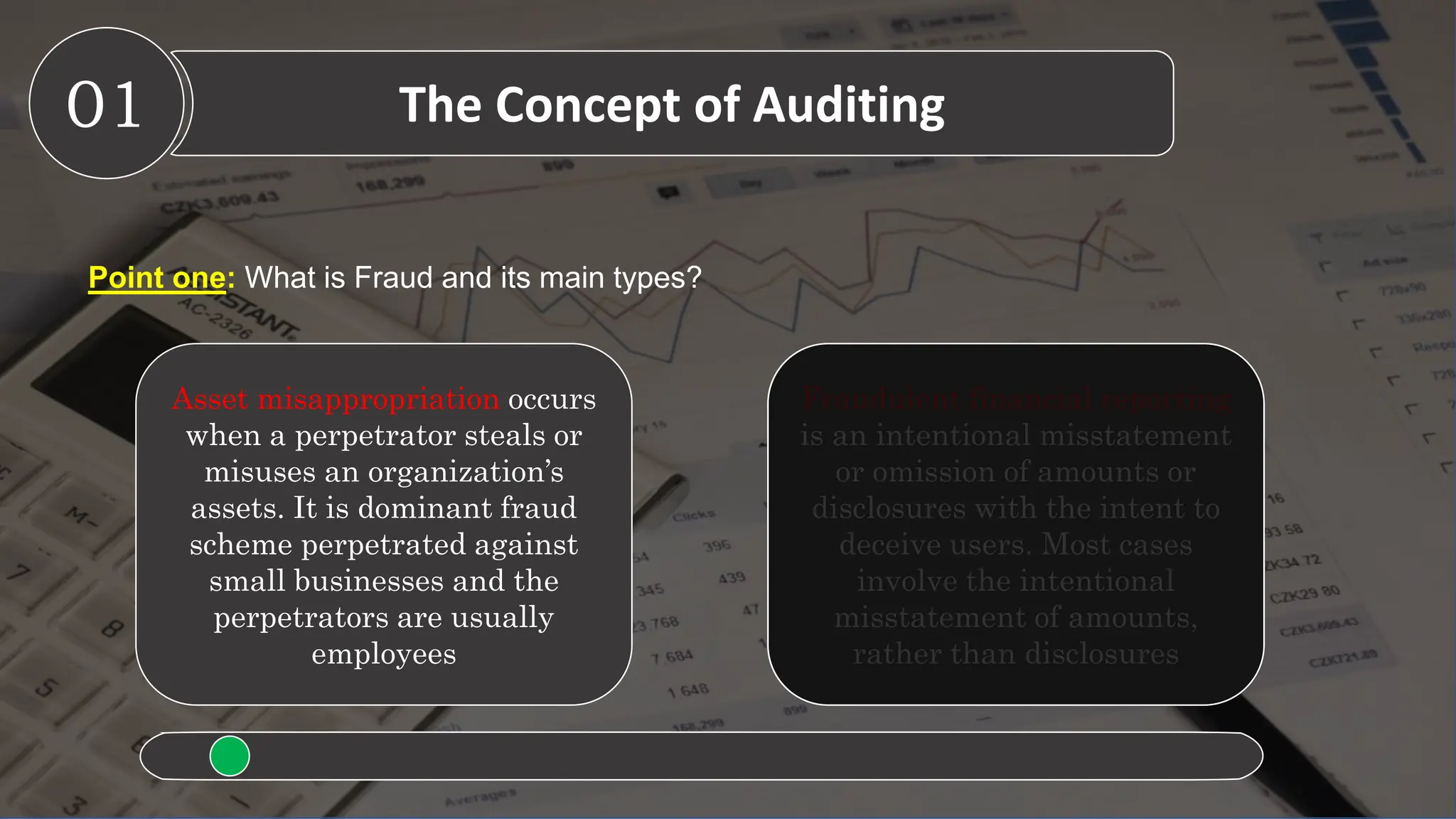 01 The Concept of Auditing
Asset misappropriation occurs
when a perpetrator steals or
misuses an organization’s
assets. It is dominant fraud
scheme perpetrated against
small businesses and the
perpetrators are usually
employees
Fraudulent financial reporting
is an intentional misstatement
or omission of amounts or
disclosures with the intent to
deceive users. Most cases
involve the intentional
misstatement of amounts,
rather than disclosures
Point one: What is Fraud and its main types?
 