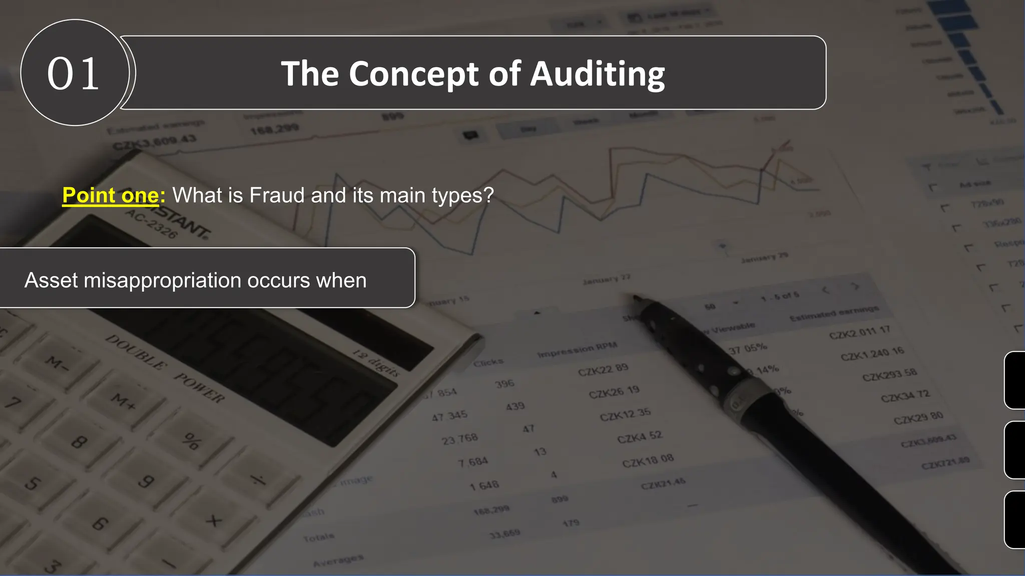 01 The Concept of Auditing
Asset misappropriation occurs when
Point one: What is Fraud and its main types?
 