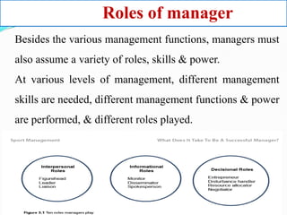 Roles of manager
Besides the various management functions, managers must
also assume a variety of roles, skills & power.
At various levels of management, different management
skills are needed, different management functions & power
are performed, & different roles played.
 