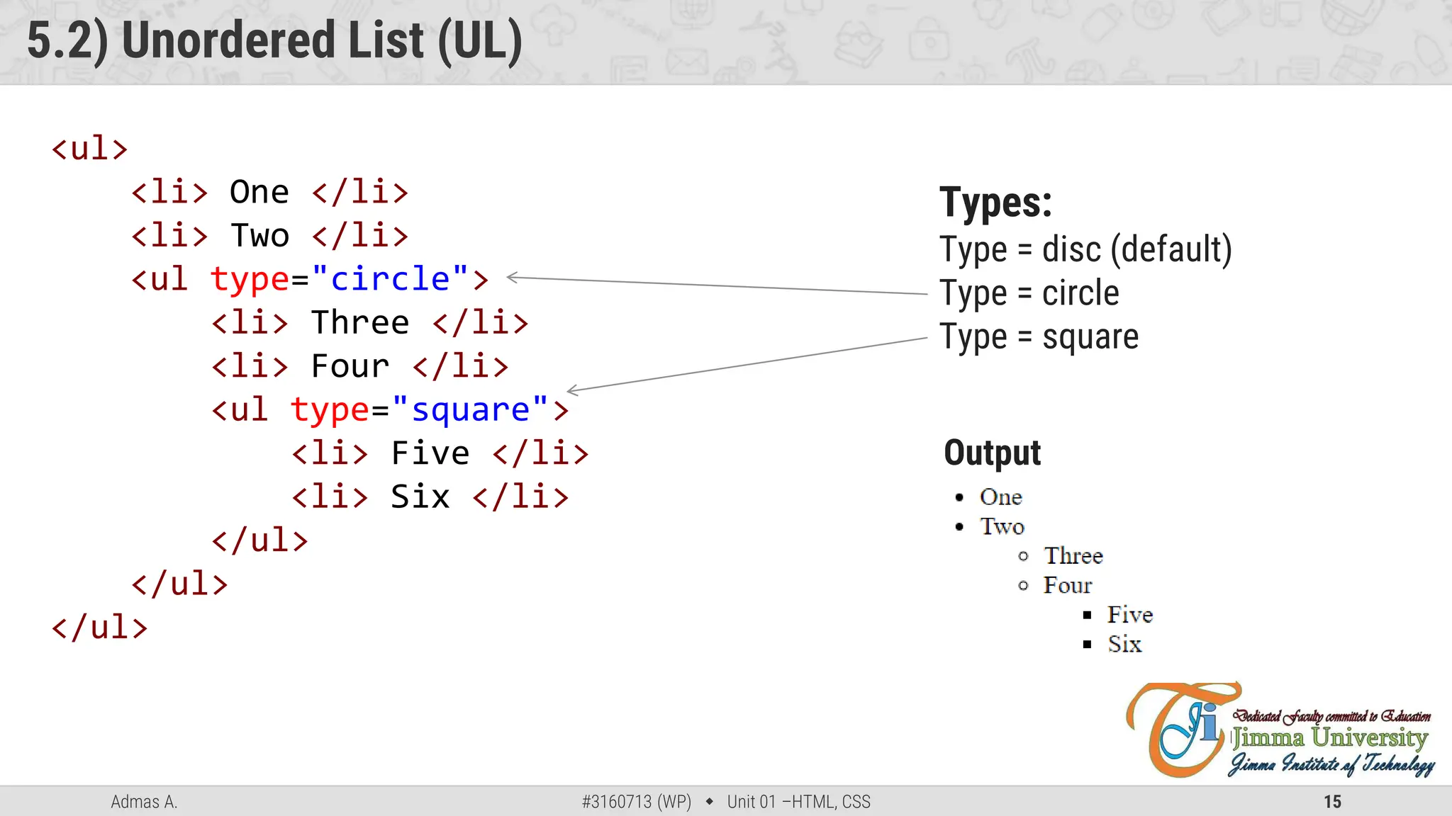 Admas A. #3160713 (WP)  Unit 01 –HTML, CSS 15
5.2) Unordered List (UL)
<ul>
<li> One </li>
<li> Two </li>
<ul type="circle">
<li> Three </li>
<li> Four </li>
<ul type="square">
<li> Five </li>
<li> Six </li>
</ul>
</ul>
</ul>
Types:
Type = disc (default)
Type = circle
Type = square
Output
 