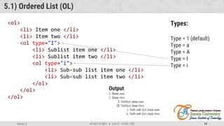 Admas A. #3160713 (WP)  Unit 01 –HTML, CSS 14
5.1) Ordered List (OL)
<ol>
<li> Item one </li>
<li> Item two </li>
<ol type="I">
<li> Sublist item one </li>
<li> Sublist item two </li>
<ol type="i">
<li> Sub-sub list item one </li>
<li> Sub-sub list item two </li>
</ol>
</ol>
</ol>
Types:
Type = 1 (default)
Type = a
Type = A
Type = I
Type = i
Output
 