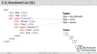 Admas A. #3160713 (WP)  Unit 01 –HTML, CSS 15
5.2) Unordered List (UL)
<ul>
<li> One </li>
<li> Two </li>
<ul type="circle">
<li> Three </li>
<li> Four </li>
<ul type="square">
<li> Five </li>
<li> Six </li>
</ul>
</ul>
</ul>
Types:
Type = disc (default)
Type = circle
Type = square
Output
 
