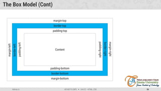 Admas A. #3160713 (WP)  Unit 01 –HTML, CSS 56
The Box Model (Cont)
Content
padding-top
padding-bottom
padding-right
padding-left
border-top
margin-top
border-right
margin-right
border-bottom
margin-bottom
border-left
margin-left
 