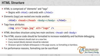 Admas A. #3160713 (WP)  Unit 01 –HTML, CSS 6
HTML Structure
 HTML is comprised of “elements” and “tags”
 Begins with <html> and ends with </html>
 Elements (tags) are nested one inside another:
 Tags have attributes:
 HTML describes structure using two main sections: <head> and <body>
 The HTML source code should be formatted to increase readability and facilitate debugging.
 Every block element should start on a new line.
 Every nested (block) element should be indented.
 Browsers ignore multiple whitespaces in the page source, so formatting is harmless.
 For performance reasons, formatting can be sacrificed
<html> <head></head> <body></body> </html>
<img src="logo.jpg" alt="logo" />
 