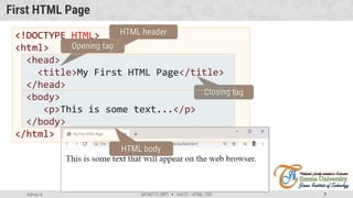 Admas A. #3160713 (WP)  Unit 01 –HTML, CSS 7
First HTML Page
<!DOCTYPE HTML>
<html>
<head>
<title>My First HTML Page</title>
</head>
<body>
<p>This is some text...</p>
</body>
</html>
Opening tag
Closing tag
HTML header
HTML body
 