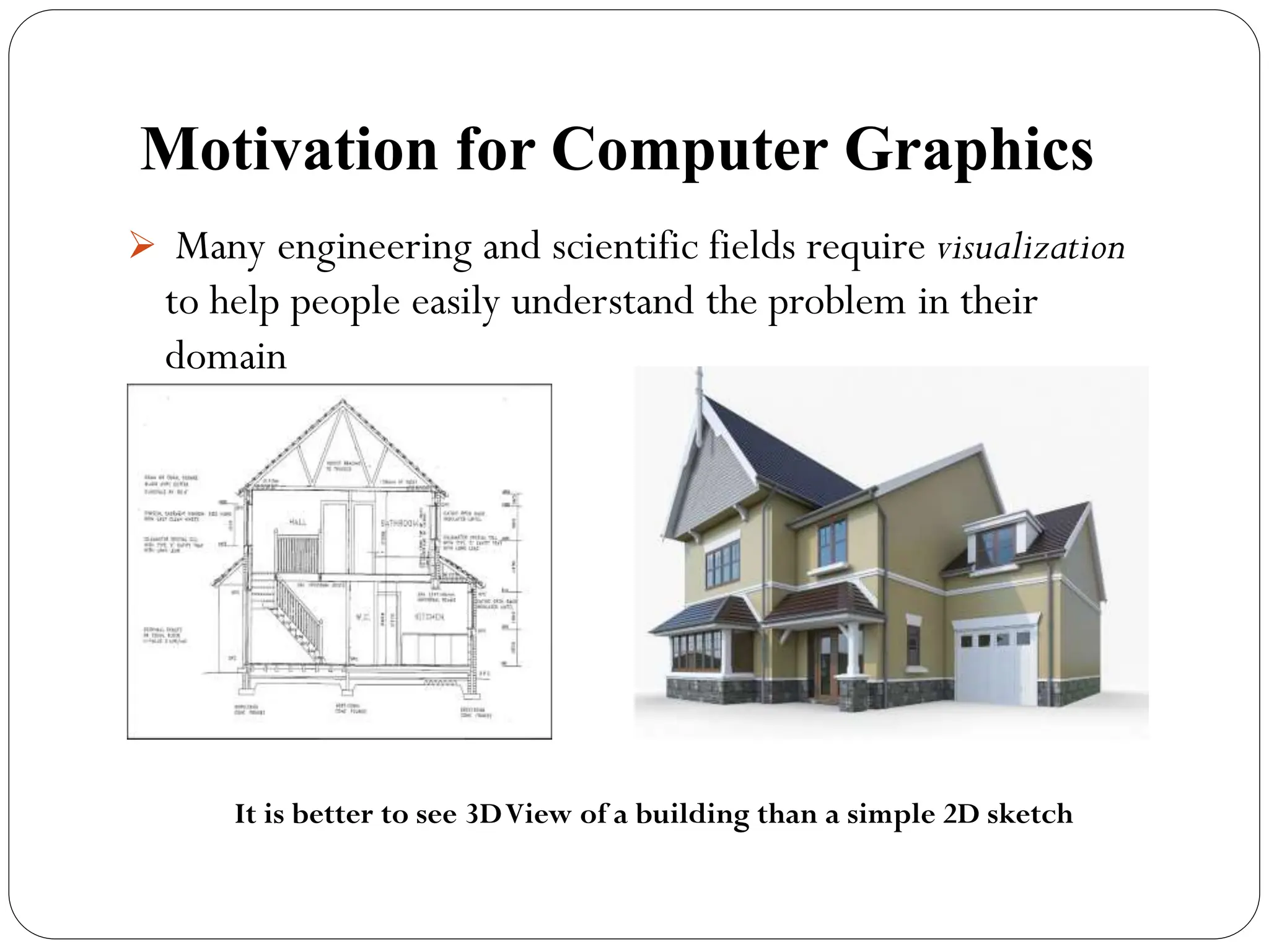 Motivation for Computer Graphics
 Many engineering and scientific fields require visualization
to help people easily understand the problem in their
domain
It is better to see 3DView of a building than a simple 2D sketch
 