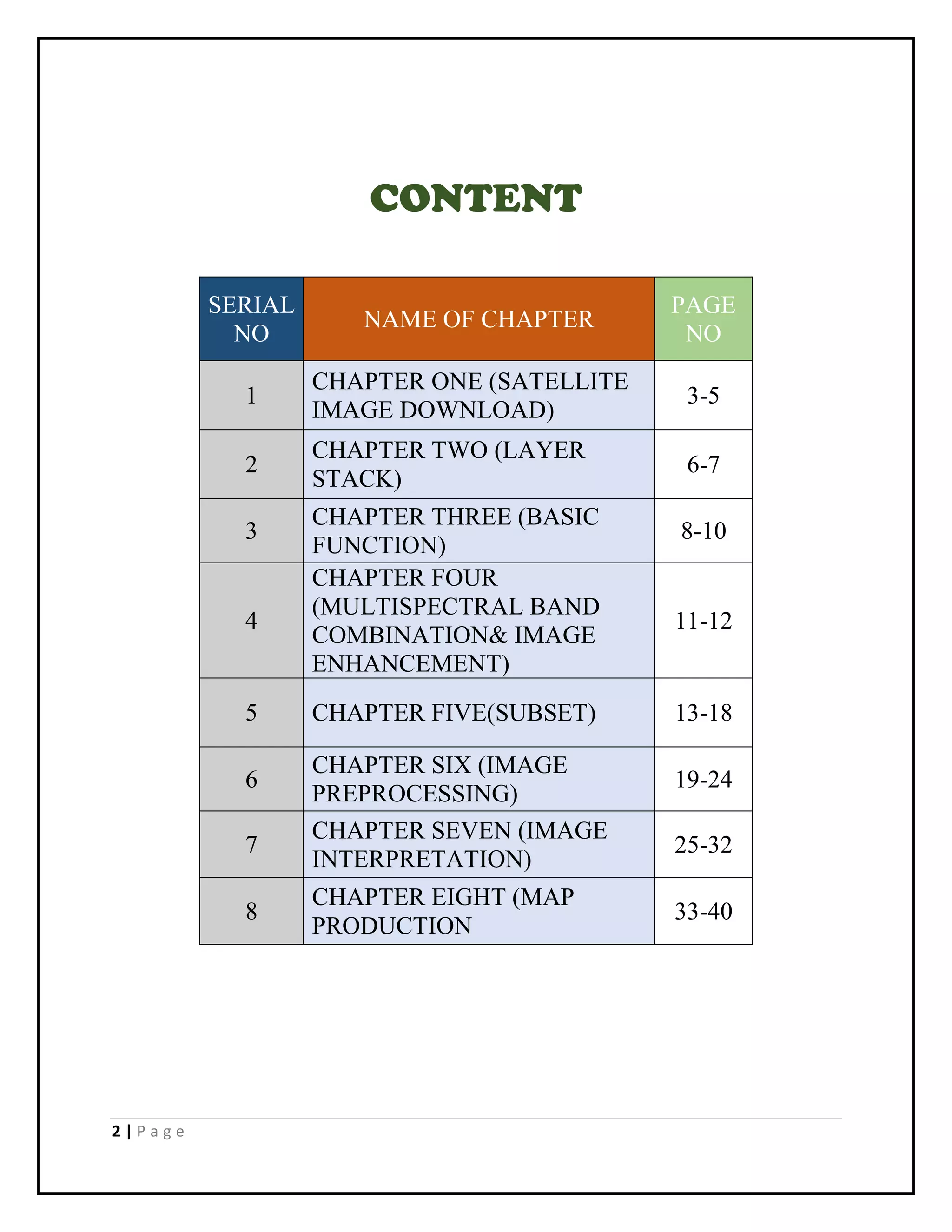 2 | P a g e
CONTENT
SERIAL
NO
NAME OF CHAPTER
PAGE
NO
1
CHAPTER ONE (SATELLITE
IMAGE DOWNLOAD)
3-5
2
CHAPTER TWO (LAYER
STACK)
6-7
3
CHAPTER THREE (BASIC
FUNCTION)
8-10
4
CHAPTER FOUR
(MULTISPECTRAL BAND
COMBINATION& IMAGE
ENHANCEMENT)
11-12
5 CHAPTER FIVE(SUBSET) 13-18
6
CHAPTER SIX (IMAGE
PREPROCESSING)
19-24
7
CHAPTER SEVEN (IMAGE
INTERPRETATION)
25-32
8
CHAPTER EIGHT (MAP
PRODUCTION
33-40
 