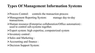 Types Of Management Information Systems
Process Control: controls the transaction process
Management Reporting System: manage day-to-day
transactions.
Human resource (Enterprise collaboration/Office automation) :
used to control sub-systems together.
Expert system: high expertise, computerized system
Inventory control :
Sales and Marketing :
Accounting and finance :
Decision Support System:
 