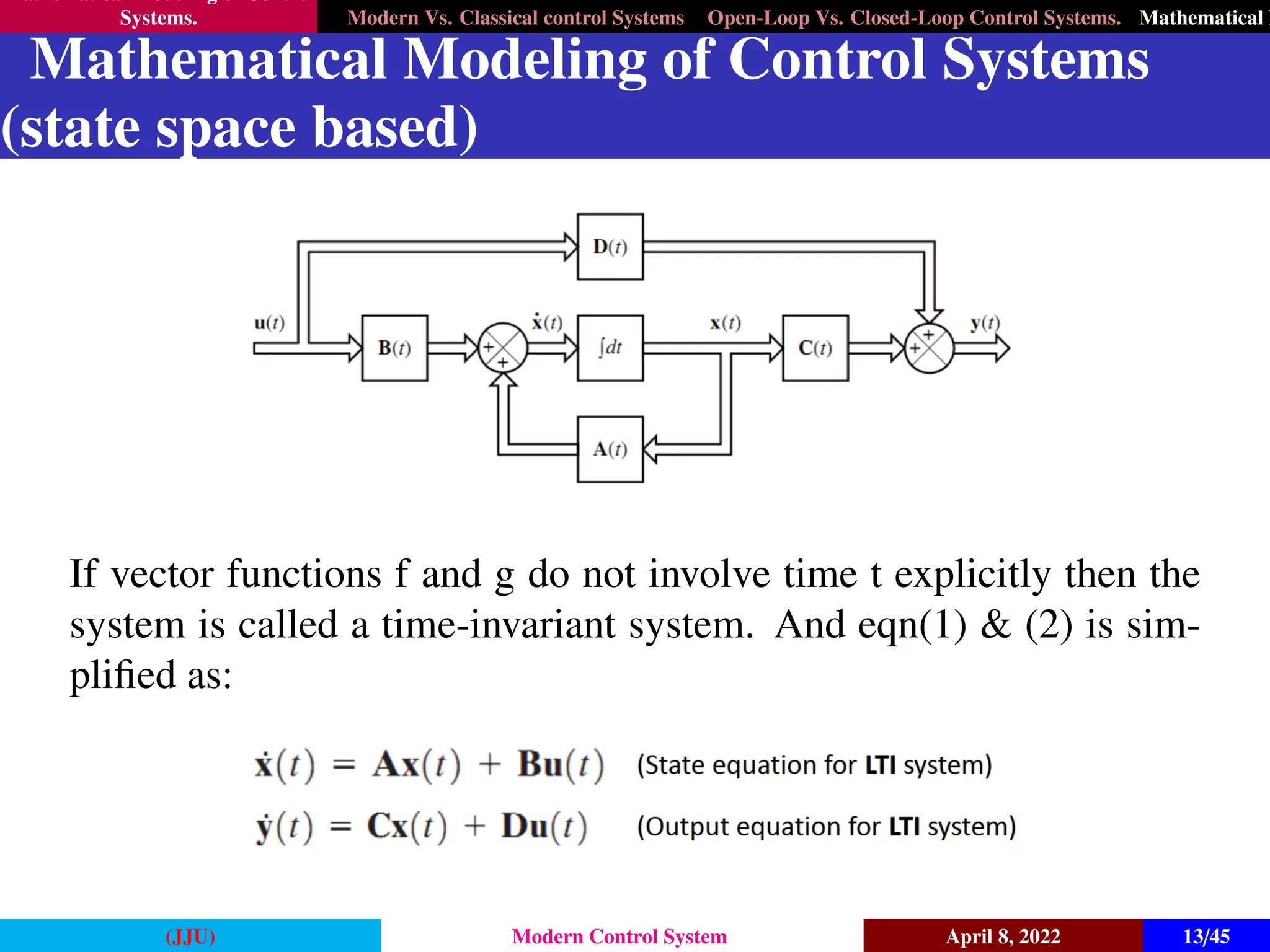 Mathematical Modeling of Control
Systems. Modern Vs. Classical control Systems Open-Loop Vs. Closed-Loop Control Systems. Mathematical M
Mathematical Modeling of Control Systems
(state space based)
If vector functions f and g do not involve time t explicitly then the
system is called a time-invariant system. And eqn(1) & (2) is sim-
plified as:
(JJU) Modern Control System April 8, 2022 13/45
 