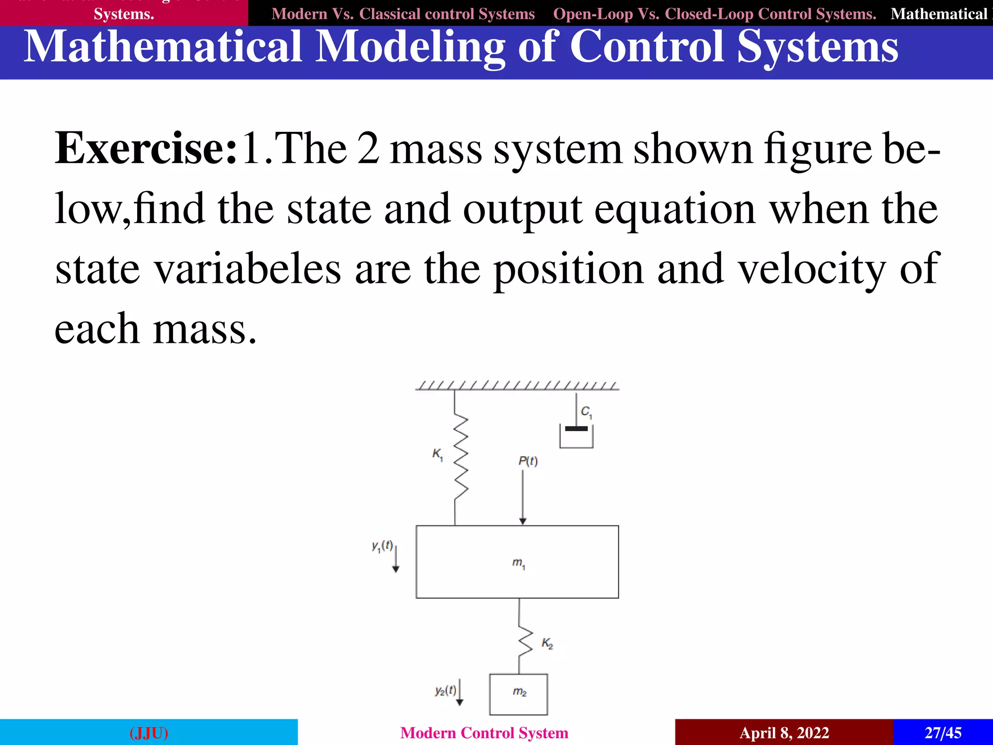 Mathematical Modeling of Control
Systems. Modern Vs. Classical control Systems Open-Loop Vs. Closed-Loop Control Systems. Mathematical M
Mathematical Modeling of Control Systems
Exercise:1.The 2 mass system shown figure be-
low,find the state and output equation when the
state variabeles are the position and velocity of
each mass.
(JJU) Modern Control System April 8, 2022 27/45
 