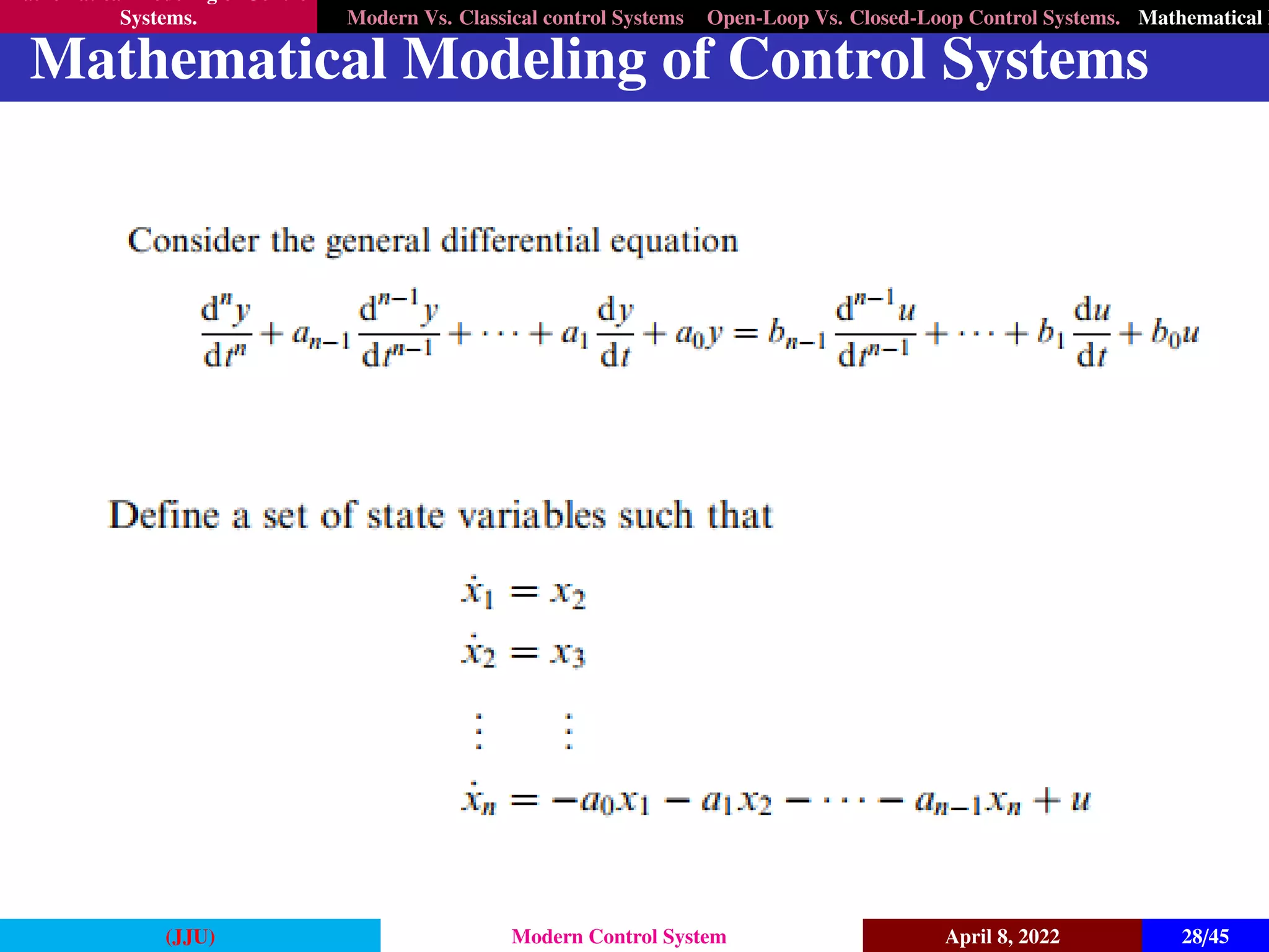 Mathematical Modeling of Control
Systems. Modern Vs. Classical control Systems Open-Loop Vs. Closed-Loop Control Systems. Mathematical M
Mathematical Modeling of Control Systems
(JJU) Modern Control System April 8, 2022 28/45
 