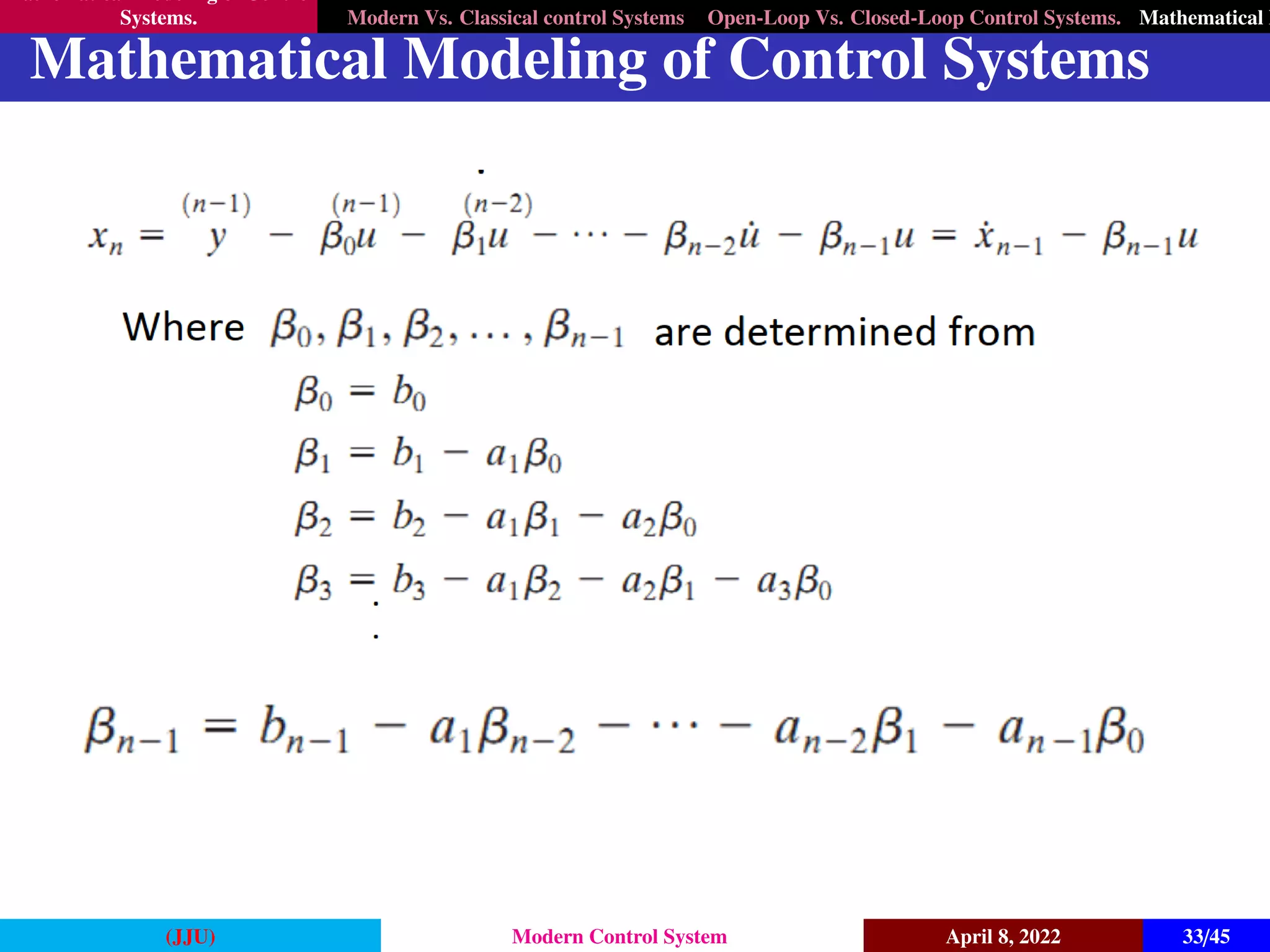 Mathematical Modeling of Control
Systems. Modern Vs. Classical control Systems Open-Loop Vs. Closed-Loop Control Systems. Mathematical M
Mathematical Modeling of Control Systems
(JJU) Modern Control System April 8, 2022 33/45
 