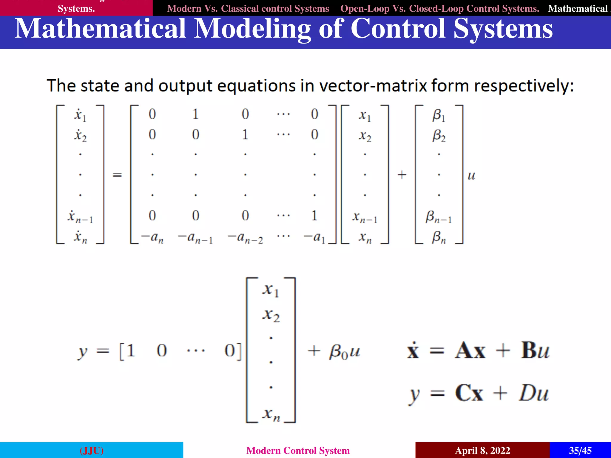 Mathematical Modeling of Control
Systems. Modern Vs. Classical control Systems Open-Loop Vs. Closed-Loop Control Systems. Mathematical M
Mathematical Modeling of Control Systems
(JJU) Modern Control System April 8, 2022 35/45
 