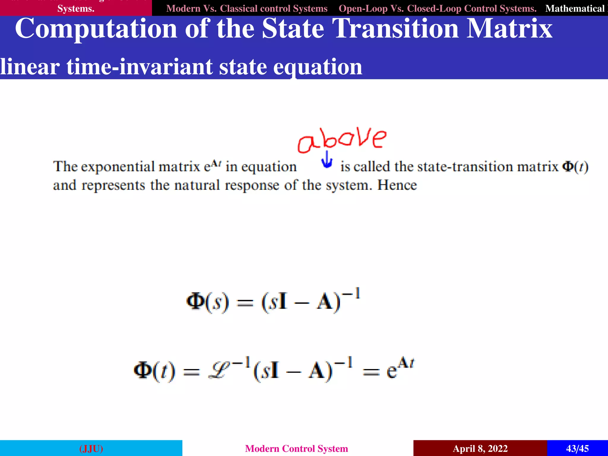 Mathematical Modeling of Control
Systems. Modern Vs. Classical control Systems Open-Loop Vs. Closed-Loop Control Systems. Mathematical M
Computation of the State Transition Matrix
linear time-invariant state equation
(JJU) Modern Control System April 8, 2022 43/45
 