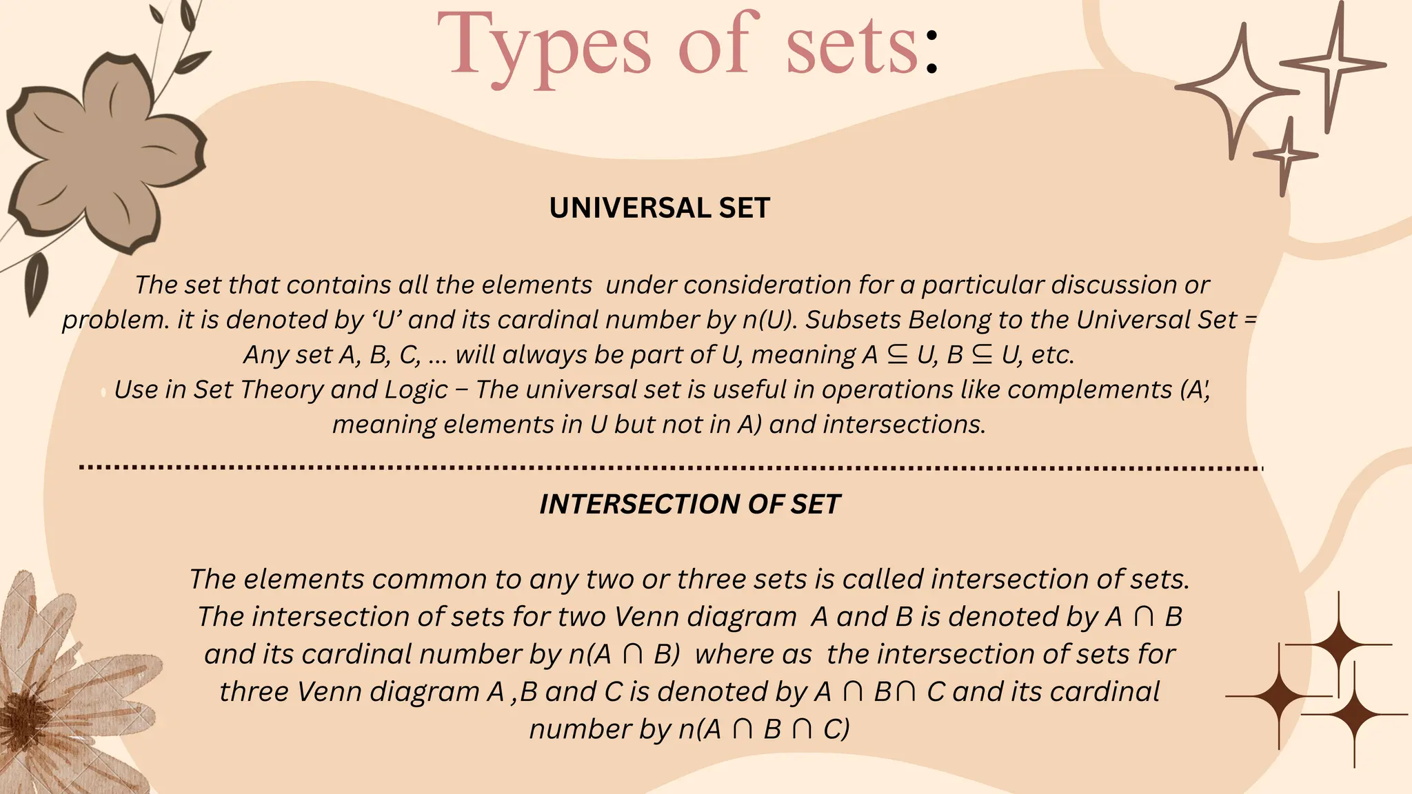 Types of sets:
INTERSECTION OF SET
The elements common to any two or three sets is called intersection of sets.
The intersection of sets for two Venn diagram A and B is denoted by A ∩B
and its cardinal number by n(A ∩B) where as the intersection of sets for
three Venn diagram A ,B and C is denoted by A ∩B∩C and its cardinal
number by n(A ∩B ∩C)
UNIVERSAL SET
The set that contains all the elements under consideration for a particular discussion or
problem. it is denoted by ‘U’ and its cardinal number by n(U). Subsets Belong to the Universal Set =
Any set A, B, C, ... will always be part of U, meaning A ⊆U, B ⊆U, etc.
Use in Set Theory and Logic – The universal set is useful in operations like complements (A',
meaning elements in U but not in A) and intersections.
 